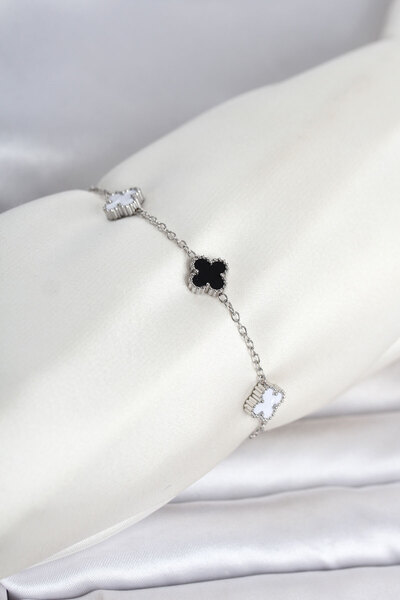 TJ 316L Steel Silver Color Black White Baby Clover Model Women's Bracelet Tj-...
