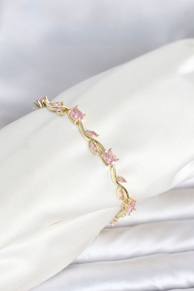 Toptan Bulurum Brass Gold Color Pink Zircon Stone Flower Model Women's Bracelet