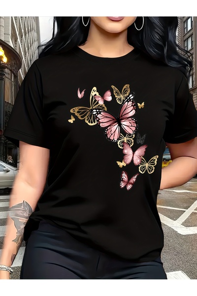 121 Fashionable Comfortable Butterfly Pattern Watercolor Style T-Shirt, Suita...