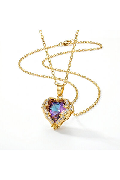 BlcGemStone Lüks Kanatlı Kalp Tasarım Çelik Kolye - Renkli Kristal Taşlı Gold...