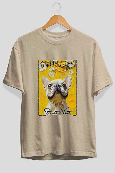 Ankhises For Dog Lovers 57 Front Dog Printed Beige Oversize T-Shirt 100% Cott...