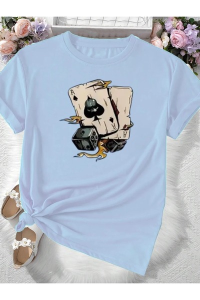 JENOLAN Women's Dice Card Printed Crew Neck T-Shirt Oversize Casual Boyfirend