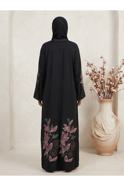 Generic Elegant Black Floral Embroidered Abaya for Women – Modest Open Front Maxi Abaya with Hijab