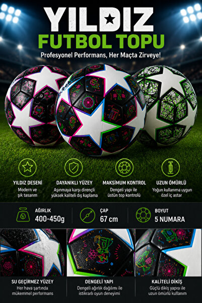 Ayver YILDIZ MODEL RENKLİ 5 NO FUTBOL TOPU 1. KALİTE 400-450 GRAM ŞİŞİK 67 CM...