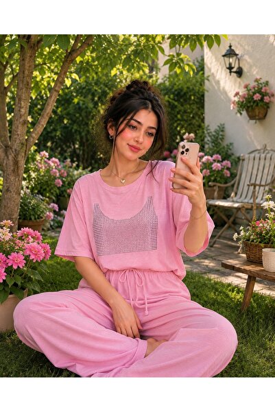 1way طقم نسائي مريح تيشيرت واسع بأكمام قصيرة بنطلون بخصر مطاطي