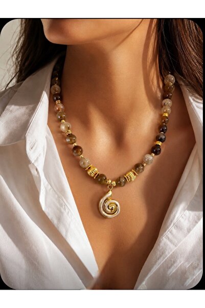 TARZ-I TAKI Natural Stone 10 mm Coffee Agate Terra Gold Premium Necklace