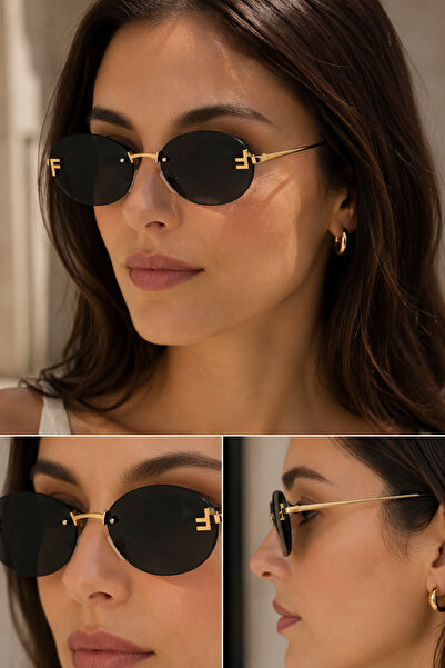 DIA Accessories Kadın Oval Çerçevesiz Güneş Gözlüğü, Siyah Cam Gold Detaylı