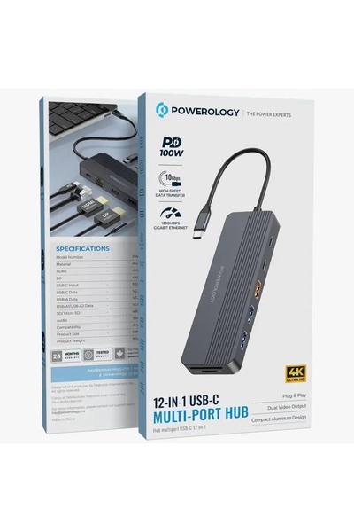Powerology 12-In1 USB-C Multi-Port HUB Gray