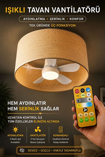 NisaLuce Meltem Rattan Vantilatör Avize-KREM KUMAŞ Kumandalı Tavan Vantilatör...