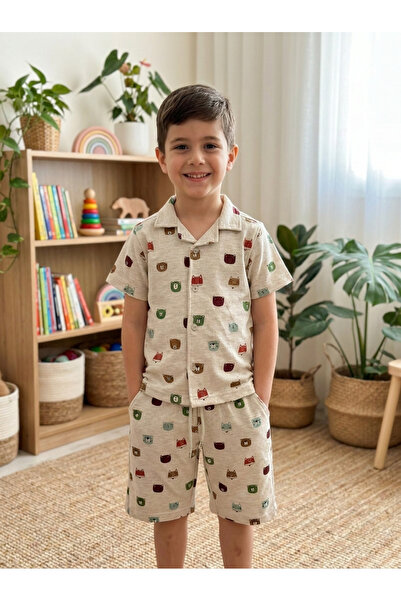Finelook طقم قميص بأكمام قصيرة وشورت بطباعة حيوانات للأولاد