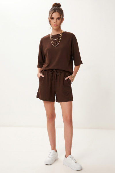 Lovelyİstanbul Modal Oversize T-Shirt Shorts Set Lub0379 Brown