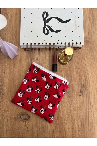 minyaturhayalim Kırmızı Mickey astarlı fermuarlı küçük para cüzdanı ped ve ma...