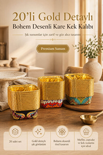 Anadolu Saray 20'li Gold Folyolu Bohem Desenli Kare Muffin Kek Kapsülü Kalın ...