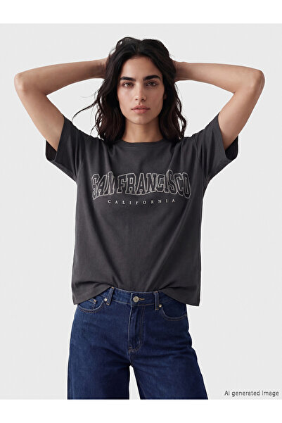 LC Waikiki Anthracite Printed Oversize Cotton Women's T-Shirt