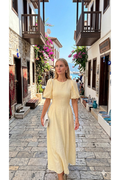 Moda Palmiss Kadın Sarı Bel Oturtmalı Balon Kol Günlük Midi Elbise