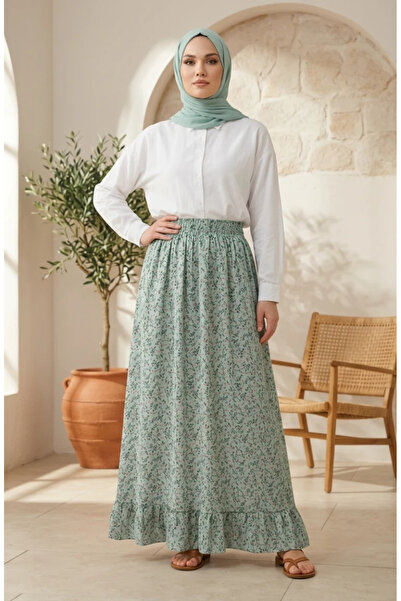 sefamerve Elastic Waist Floral Patterned Skirt 0313-04 Khaki