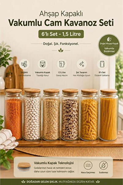 Tercih Home Set of 6 Glass Jars Large Size Food Pulses with Vacuum Lid 1500 ml