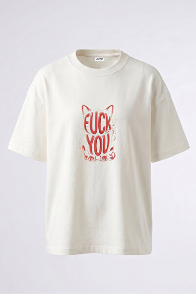 Anetos Tricou oversize alb din bumbac cu imprimeu pe spate Cat Fuck You Design