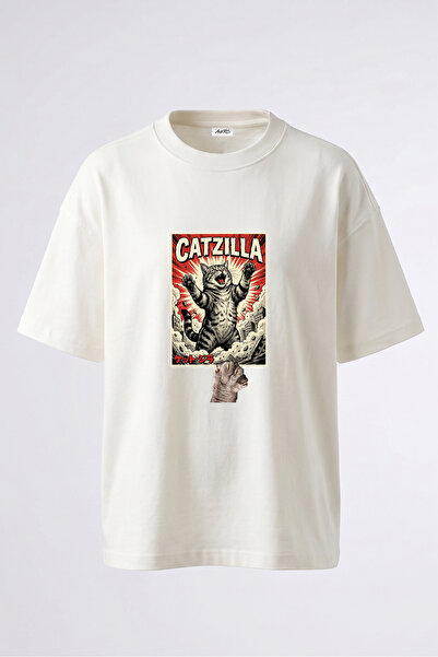 Anetos Catzilla dizajn rukavac Štampano Pamuk bela Oversize kroj T-shirt