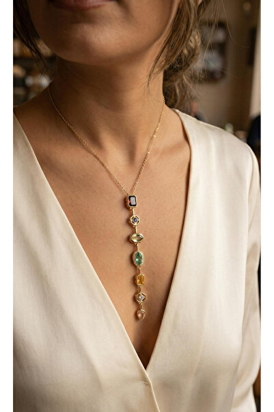 OGHAMAY Brass Colored Zircon Stone Model Gold Color 7 Element Women's Y Necklace
