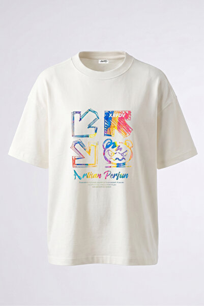 Anetos Graffiti Bear Design Back Printed Cotton White Oversize T-Shirt