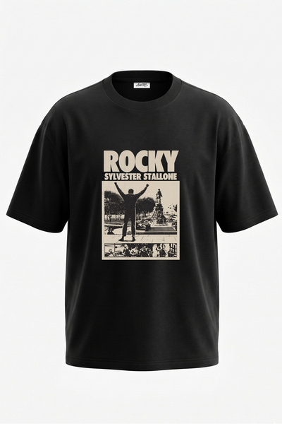 Anetos Tricou oversize negru din bumbac cu imprimeu pe spate Rocky Design