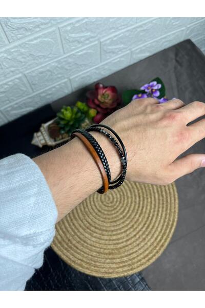 WAKHA Multiple Men's Bracelets with Brown Leather, Black Braided Leather, and...