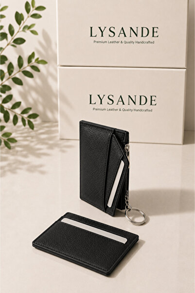 Lysande محفظة حاملة بطاقات من الجلد الأصلي مزودة بسحاب وحامل مفاتيح، تصميم نح...