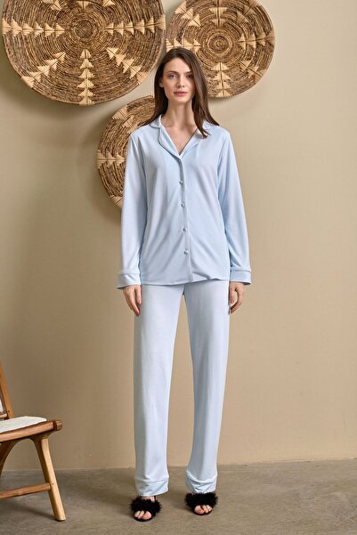 Lohusa Homewear New Season Women's Blue Shirt Collar Front Buttoned Special D...