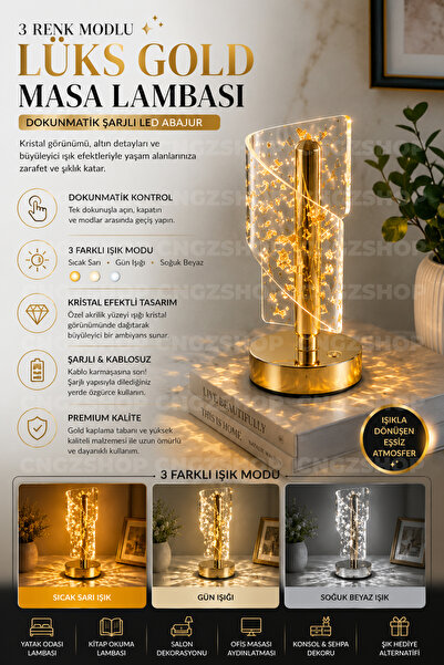 CNGZSHOP 3 Renk Modlu Lüks Gold Masa Lambası Dokunmatik Şarjlı Kristal Görünü...