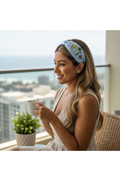 Generica Handcrafted Sky Blue Surfers & Palm Tree Embroidered Headband