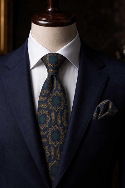 Kravatkolik Navy Blue Green Shawl Pattern Classic Tie with Handkerchief Kk13730