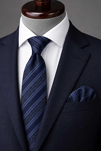 Kravatkolik Navy Blue Brown Line Pattern Classic Tie with Handkerchief Kk13775