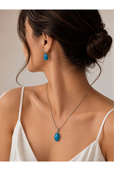 Oval Stone Turquoise Veined 2-Piece Chain Necklace Earrings Set