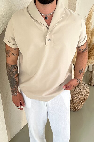 OUTFİT MAN Designed Sleeves Layered Polo Neck Tshirt Cream