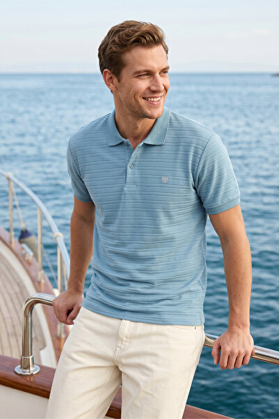 milidia Men's Basic Blue 100% Cotton Striped Textured Slim Fit Polo Collar T-...