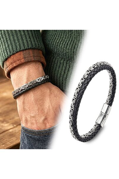 SeyCey.co King Model Steel Chain Multi-Leather Men's Bracelet – with Steel Lo...