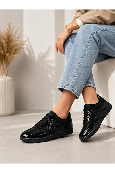 Runnix Shoes Black Patent Leather Women's Sneakers, Casual Sports Shoes