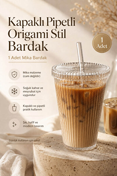 Anadolu Saray 600 ml Kapaklı Pipetli Origami Mika Bardak Soğuk Kahve ve Meşru...