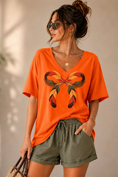 ArtYus Bowknot Printed V-Neck Casual Unisex Oversize T-Shirt Cotton Casual T-...