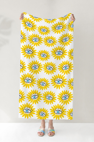 Evimde Bambaşka Πετσέτα θαλάσσης Sunflower Evil Eye - Μποέμ κίτρινη και λευκή...