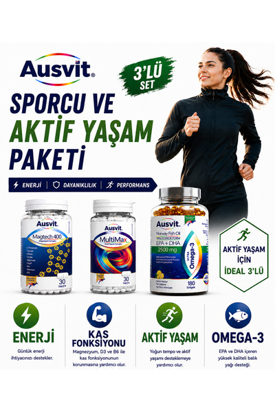 Ausvit SPORCU ve AKTİF YAŞAM Paketi 3'lü Set Omega-3 Magnezyum ve Multivitami...