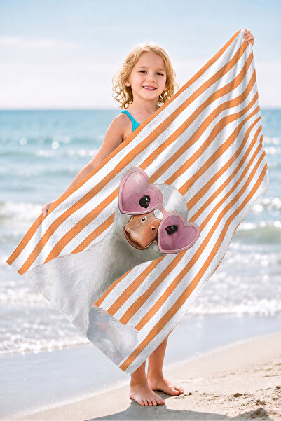 Evimde Bambaşka Cute Duck Striped Kids Beach Towel - Girls Tropical Orange Qu...