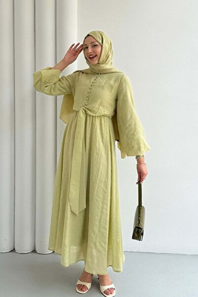 Modaensarbutik Bağlama Detaylı Balon Kol Tesettür Elbise-ÇAĞLA YEŞİLİ