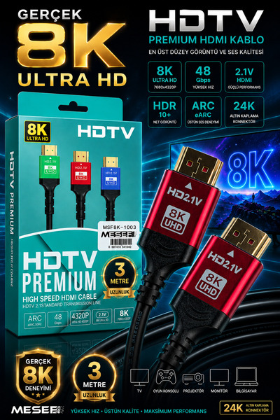 Mesef 8K HDMI Kablo 3 Metre / HDMI 2.1 Kablo 8K UHD / 8K Ultra HD HDMI Kablo ...