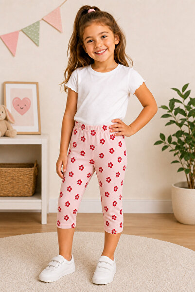 İncili Tekstil Girl's 3-Piece Cotton Capri Leggings Powder Floral Pattern Sum...