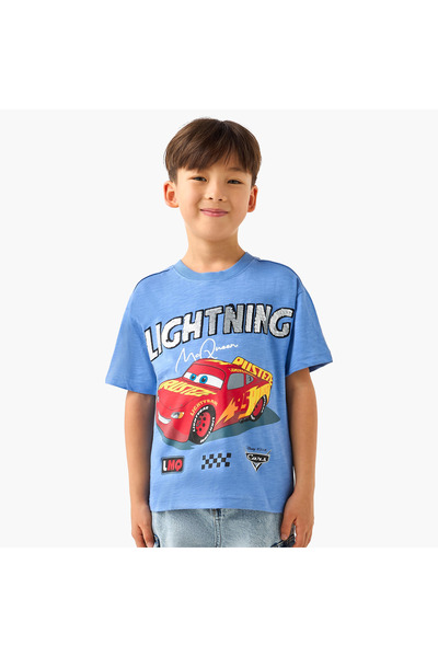 Disney Crew Neck Short Sleeves T-shirt with Lightning McQueen Print