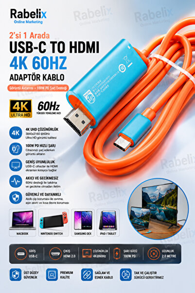 Rabelix Online Marketing Type-C to HDMI 4K 60Hz Adaptör Kablo 2 Metre | 100W ...