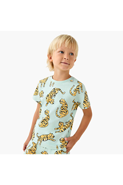 Juniors Crew Neck Short Sleeves T-shirt with Tiger Print
