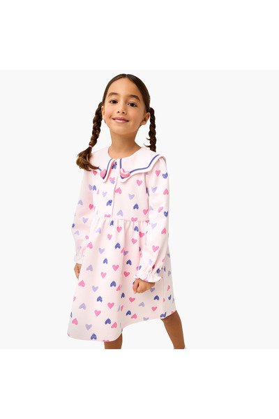 Juniors Sailor Collar Long Sleeves Dress with Heart Print